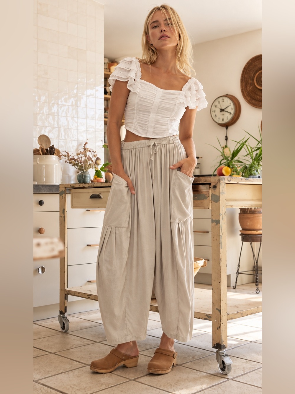 FREE PEOPLE Quinn Harem Pants Linen Blend Oat Beige Natural Size Small